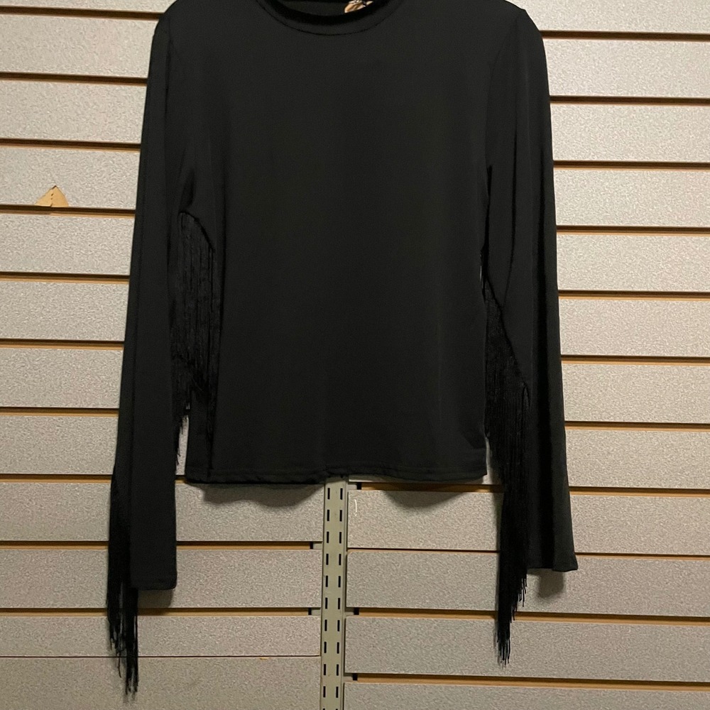 NWTS Boutique Black Long Sleeve Fringe Top‎ XL Party Cocktail Evening Fitted
